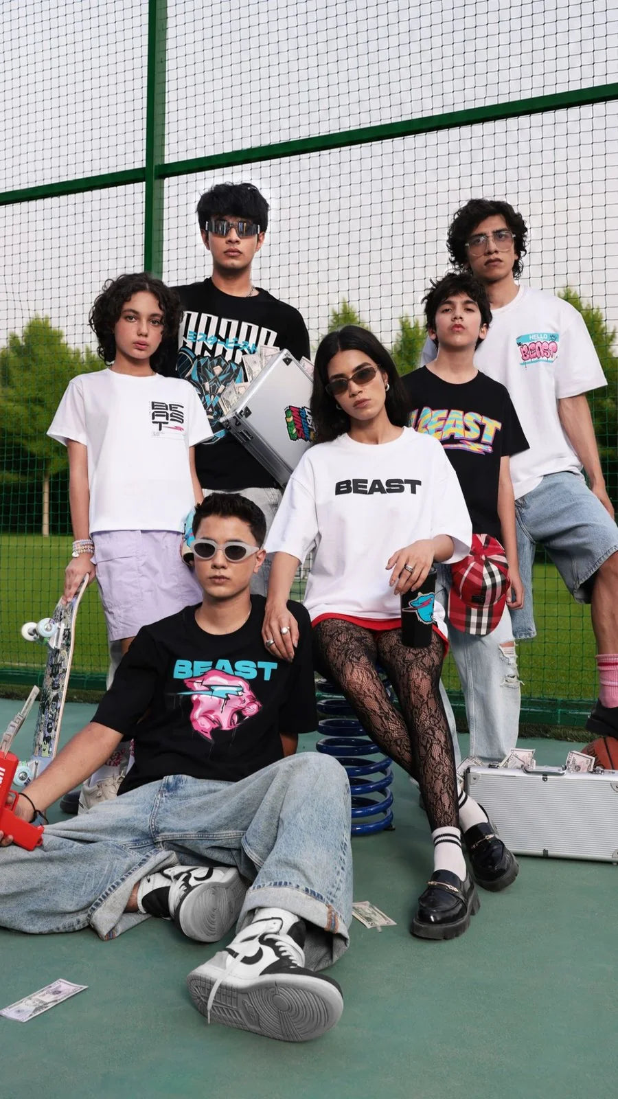 MrBeast Bubblegum Beast tee worn on a tennis court