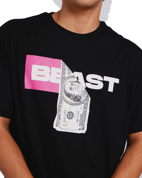 Official MrBeast Money T-shirt in black, close-up of the BEAST wordmark and crumpled $100 bill graphic