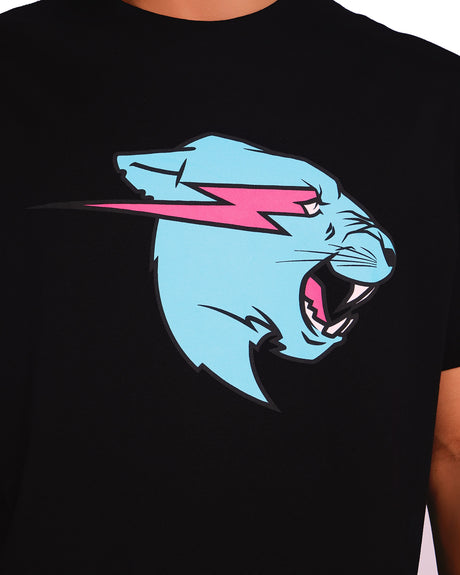 Official MrBeast Neon Panther T-shirt in black, close-up of the cyan Beast Panther chest graphic