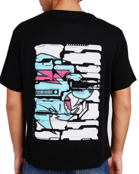 Official MrBeast Particle T-shirt in black, close-up of the mech-style Beast Panther graphic