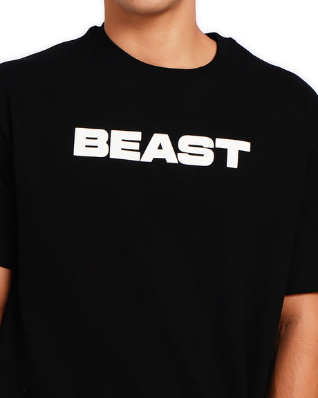 Official MrBeast Tonal T-shirt in black, close-up of the BEAST wordmark chest graphic