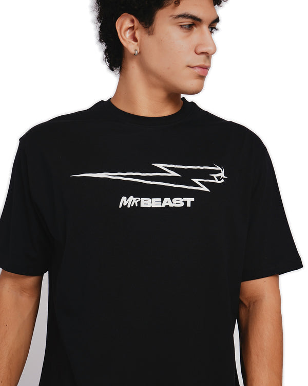 Official MrBeast Bolt T-shirt in black, close-up of the lightning bolt and MrBeast wordmark graphic