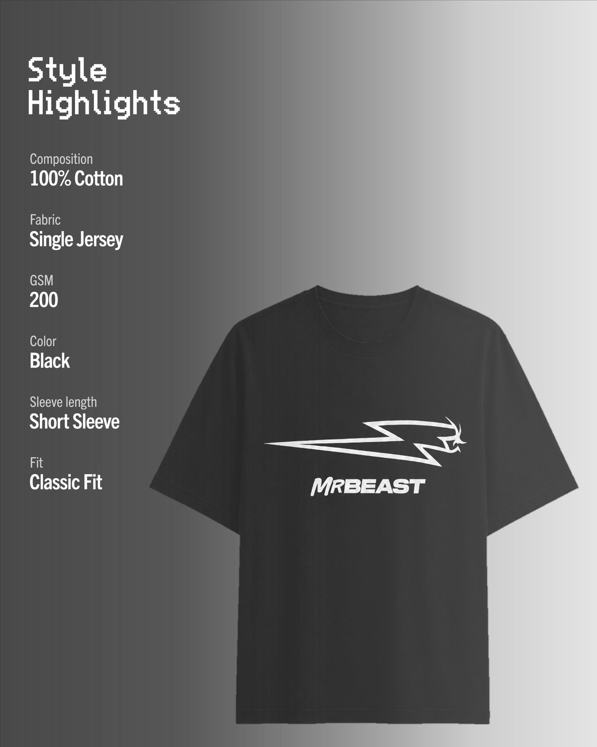 Official MrBeast Bolt T-shirt in black, style highlights, 100% cotton Single Jersey, 200 GSM, classic fit