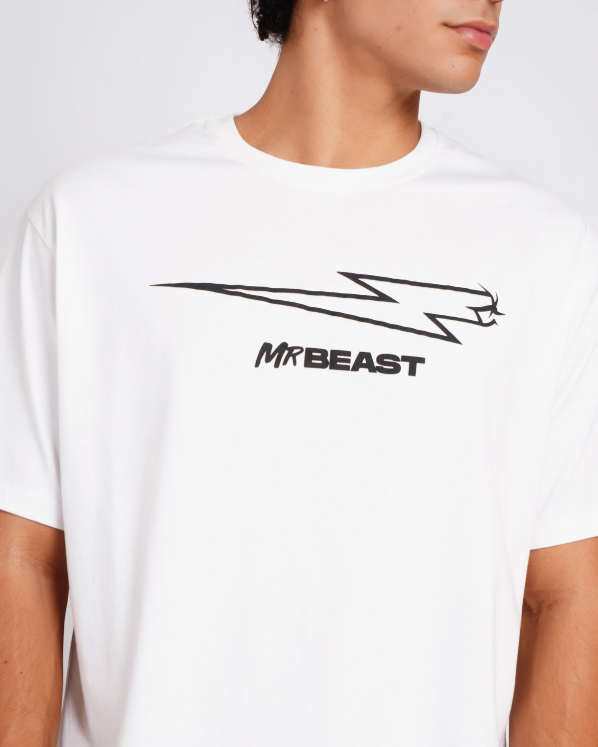 Official MrBeast Bolt T-shirt in white, close-up of the lightning bolt and MrBeast wordmark graphic