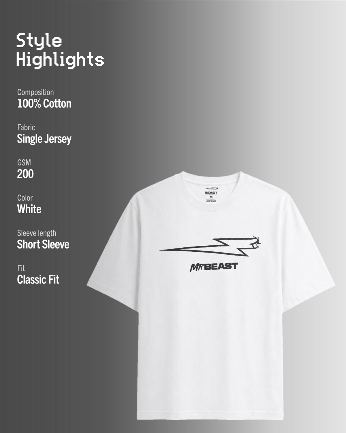 Official MrBeast Bolt T-shirt in white, style highlights, 100% cotton Single Jersey, 200 GSM, classic fit