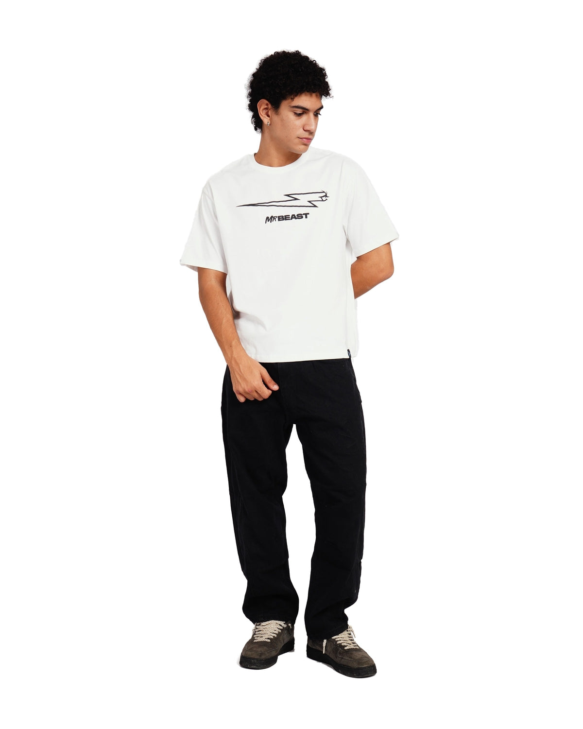 Official MrBeast Bolt T-shirt in white, full-length view