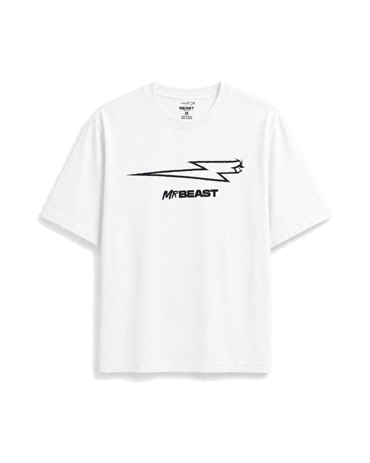 Official MrBeast Bolt T-shirt in white, flat lay, front