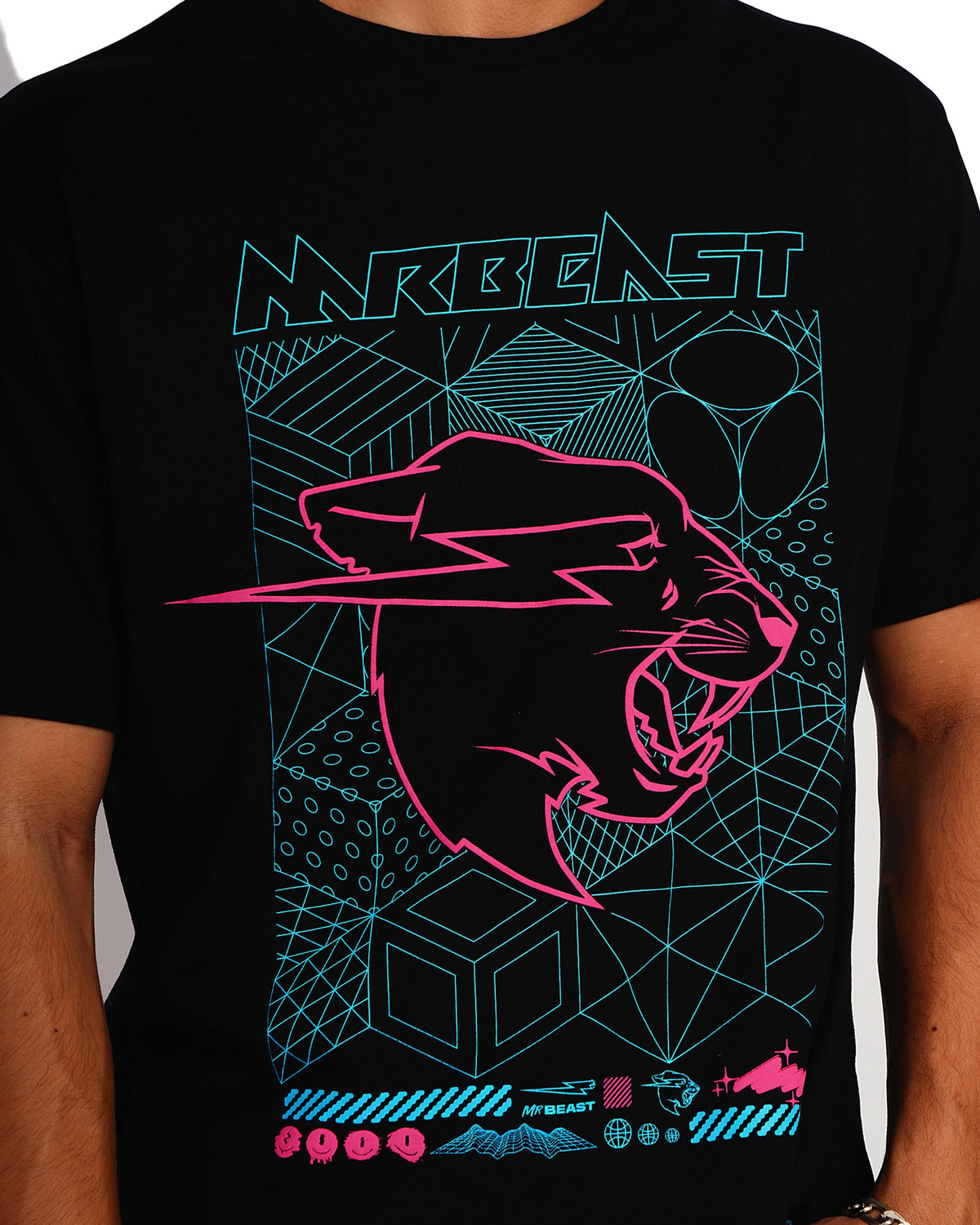 Official MrBeast Cyber Grid T-shirt in black, close-up of the retro-cyber grid Beast Panther graphic