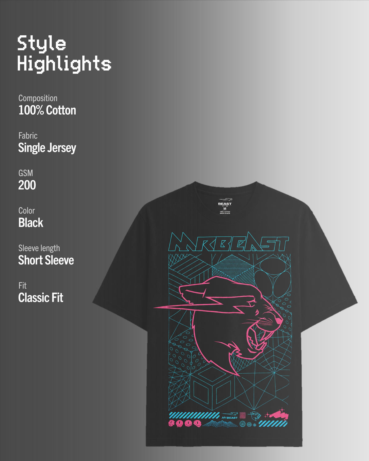 Official MrBeast Cyber Grid T-shirt in black, style highlights, 100% cotton Single Jersey, 200 GSM, classic fit
