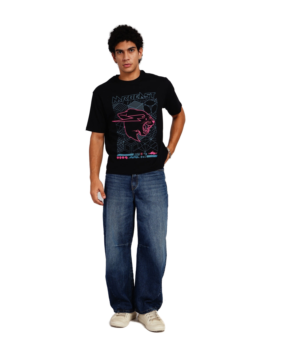 Official MrBeast Cyber Grid T-shirt in black, full-length view