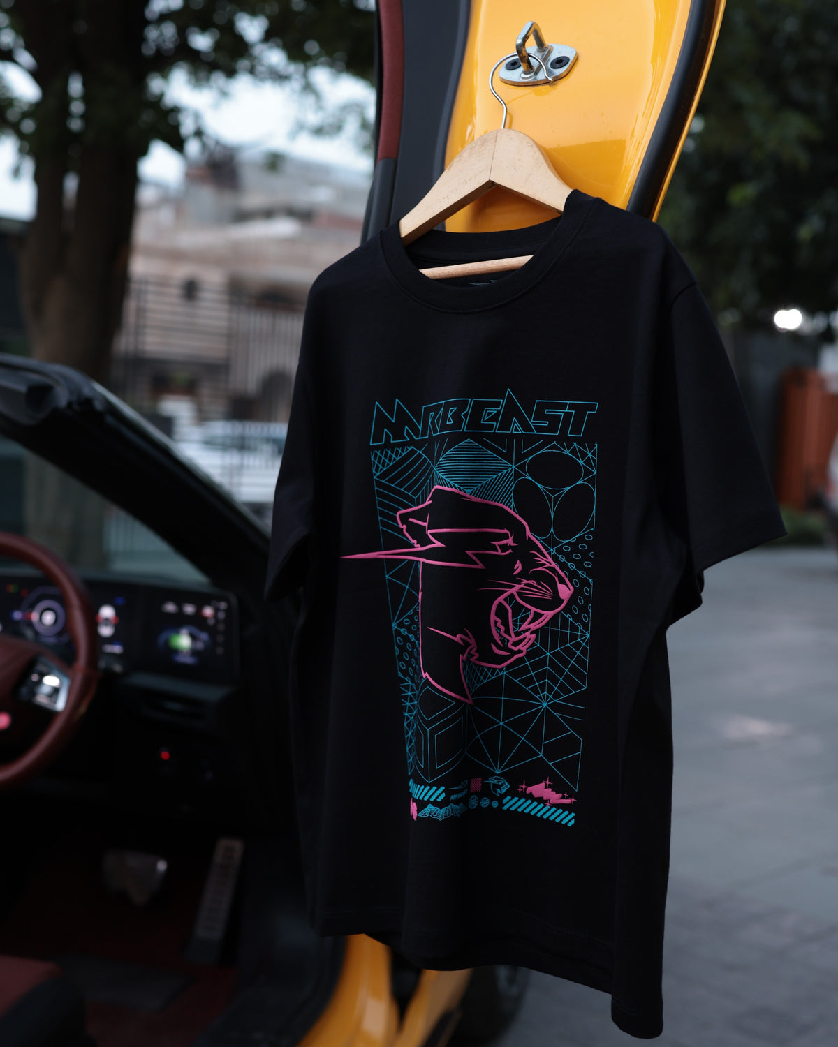 Official MrBeast Cyber Grid T-shirt in black, lifestyle shot
