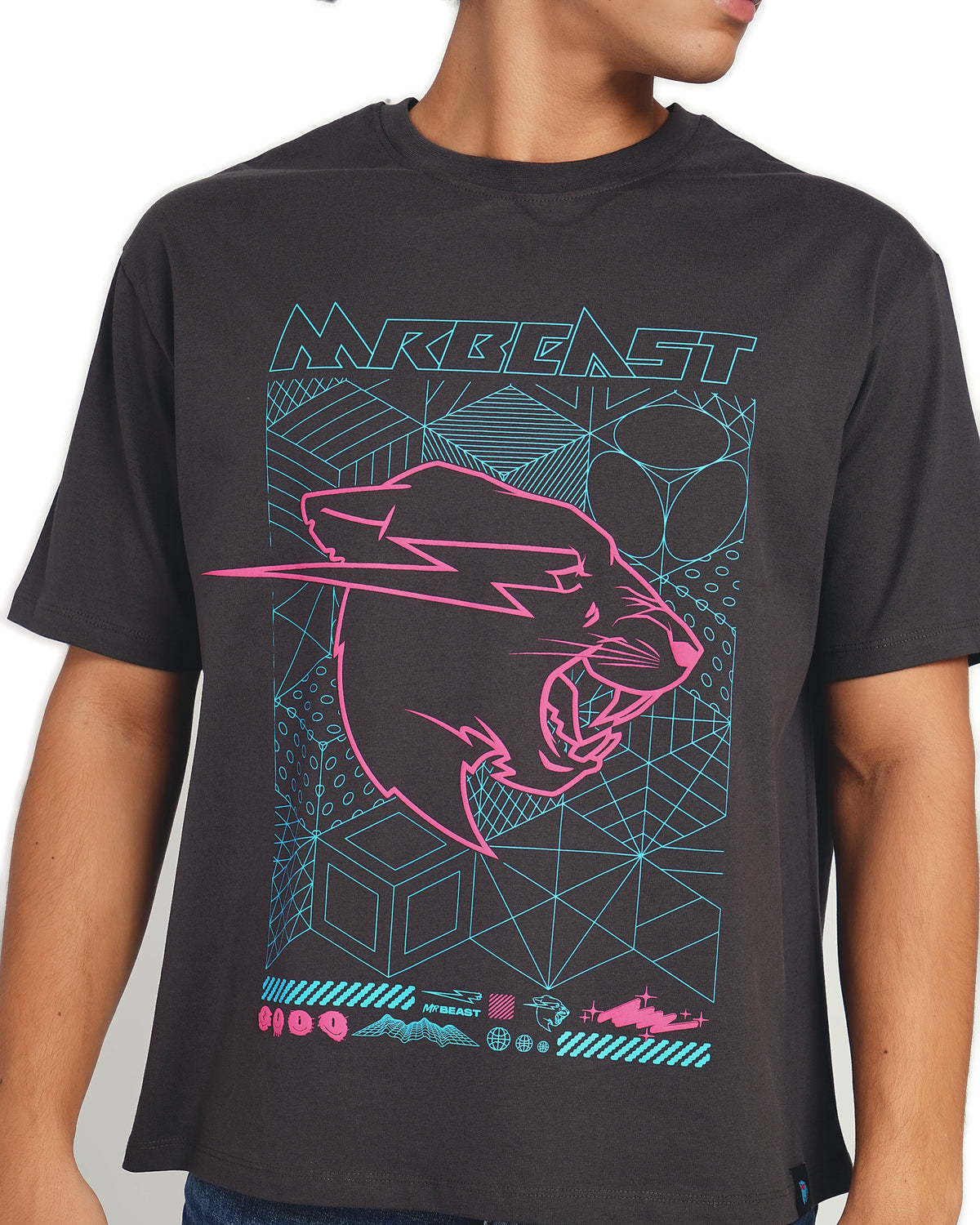 Official MrBeast Cyber Grid T-shirt in grey, close-up of the retro-cyber grid Beast Panther graphic