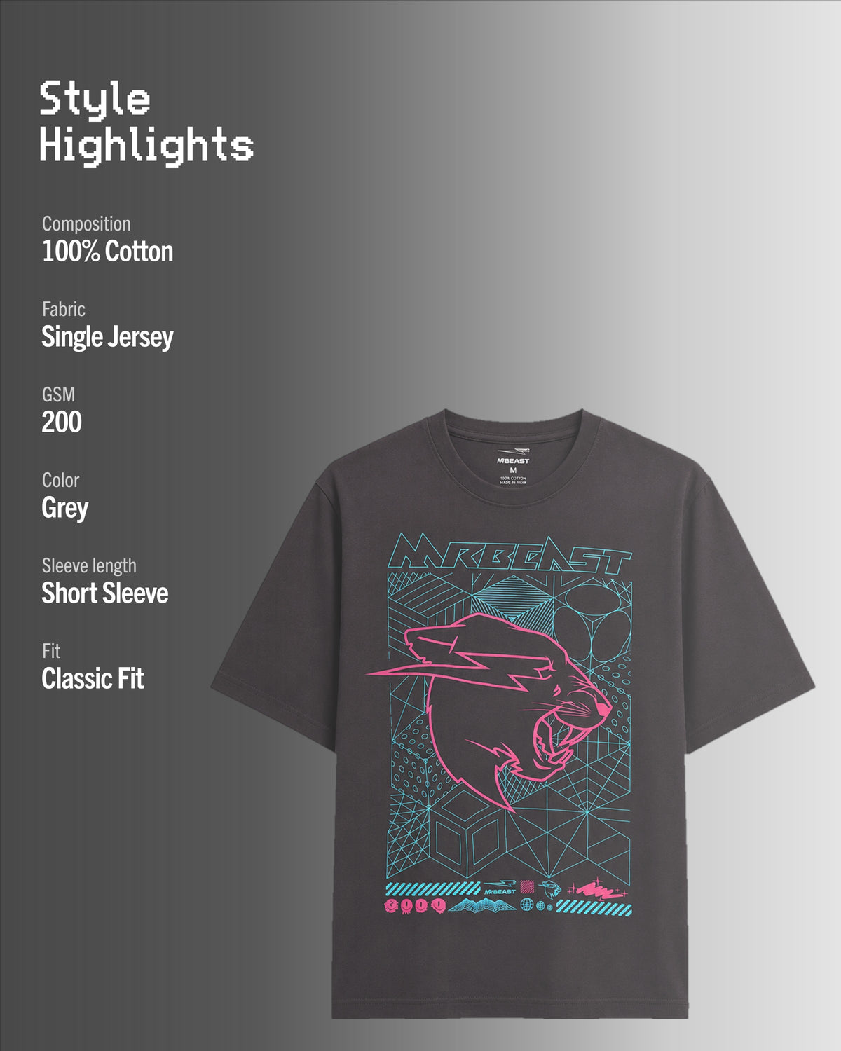 Official MrBeast Cyber Grid T-shirt in grey, style highlights, 100% cotton Single Jersey, 200 GSM, classic fit