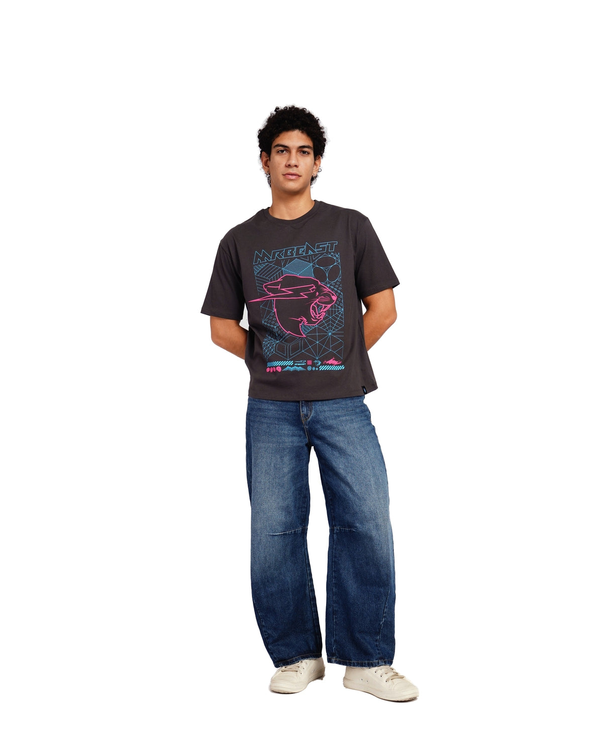 Official MrBeast Cyber Grid T-shirt in grey, full-length view