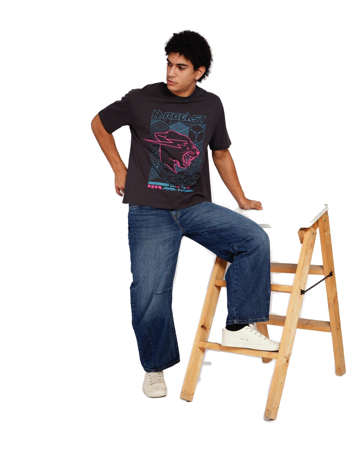 Official MrBeast Cyber Grid T-shirt in grey, full-length view 2