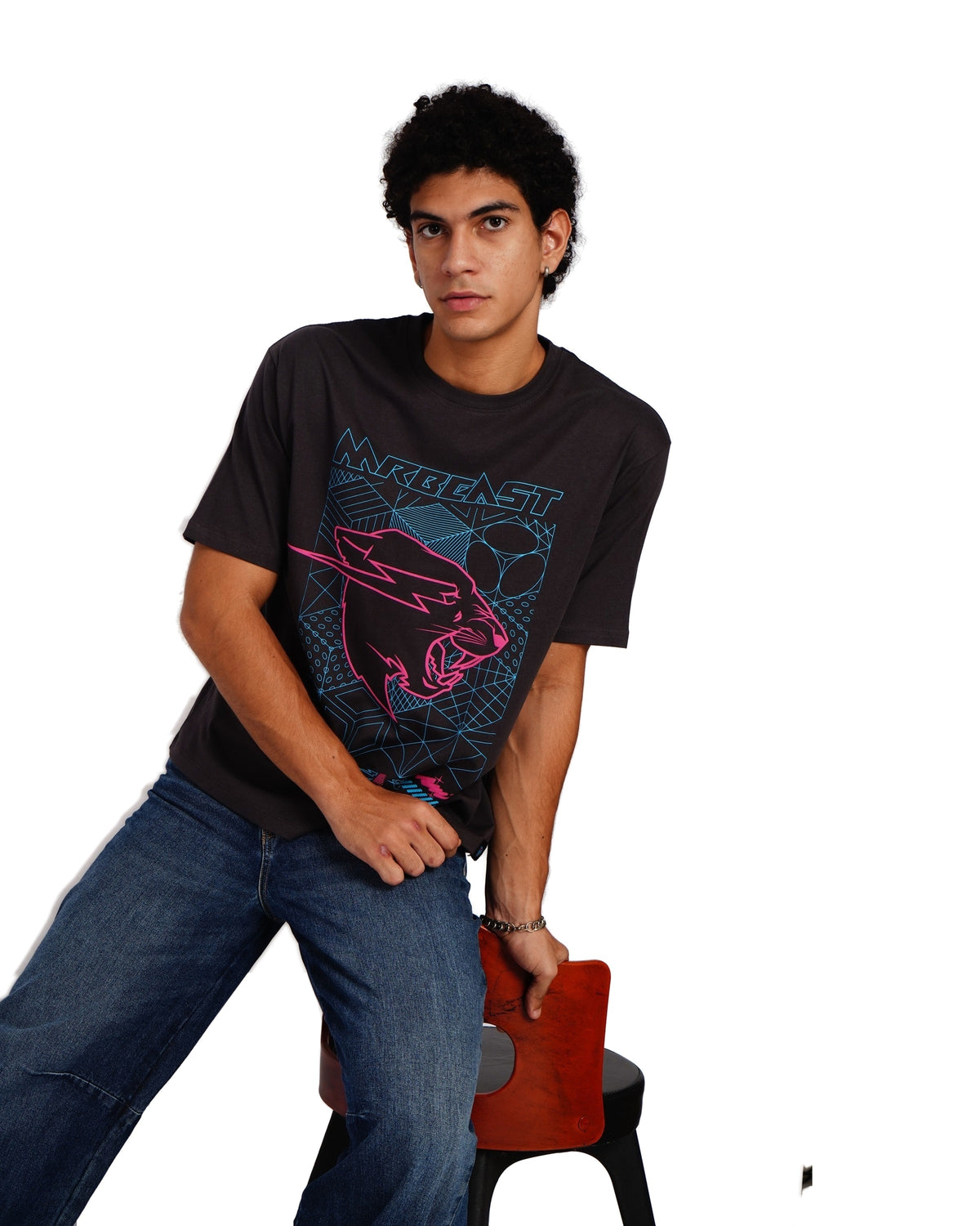 Official MrBeast Cyber Grid T-shirt in grey, styled pose