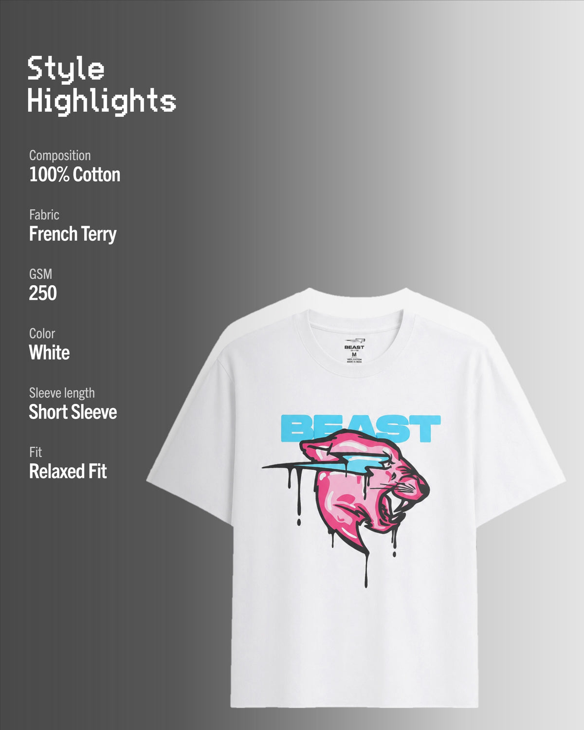 Official MrBeast Drip Panther T-shirt in white, style highlights, 100% cotton French Terry, 250 GSM, relaxed fit