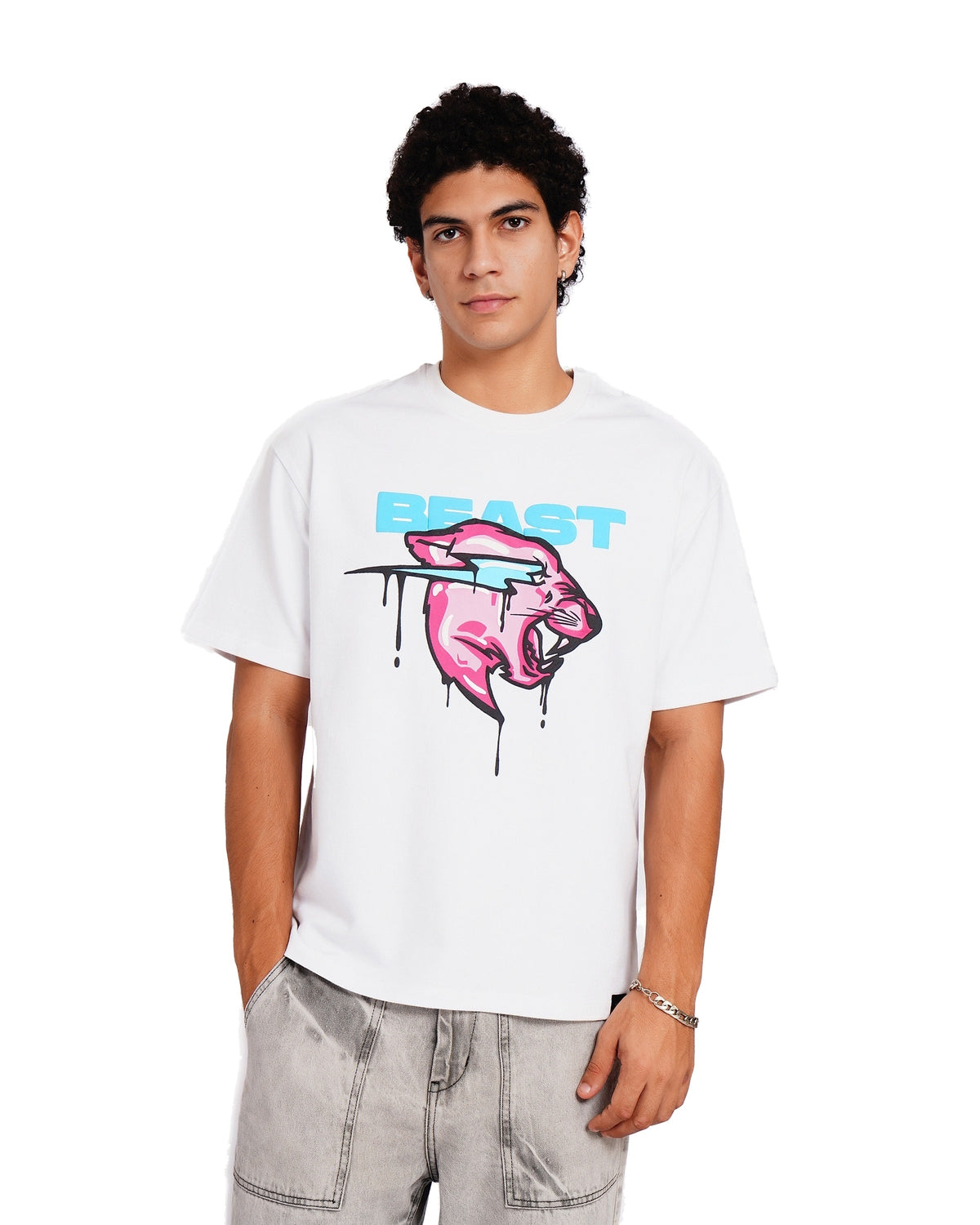 Official MrBeast Drip Panther T-shirt in white, front view
