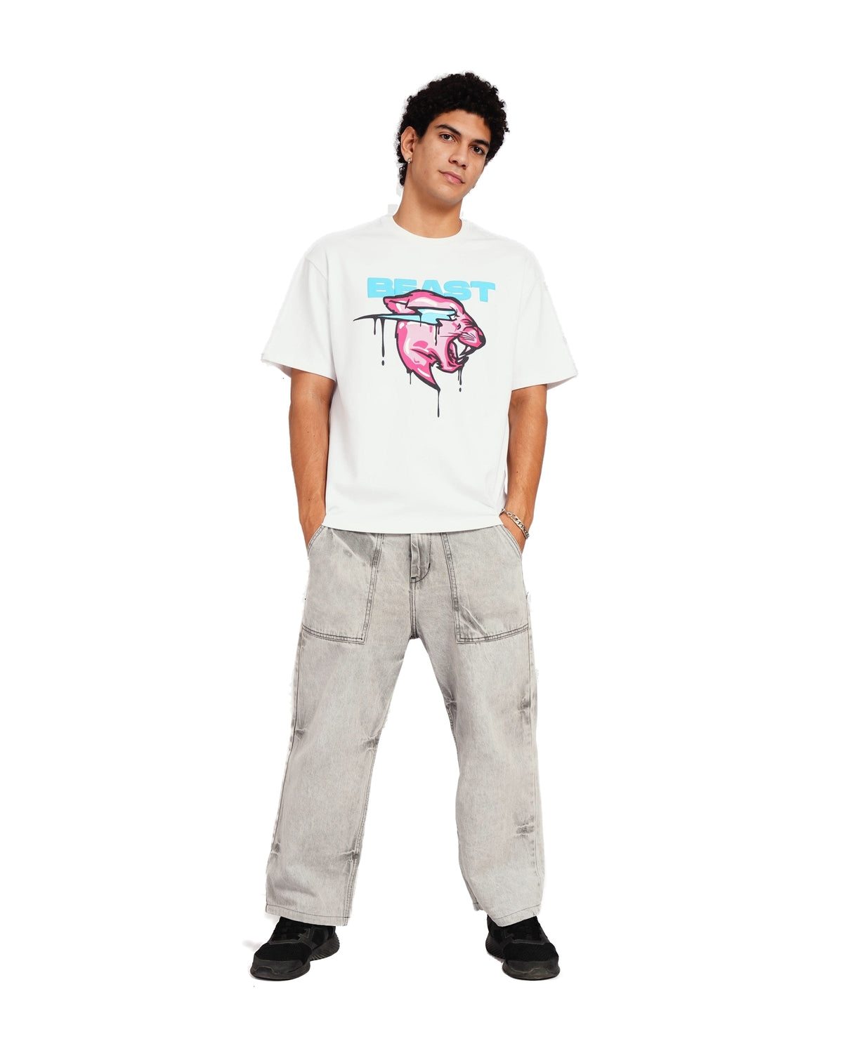 Official MrBeast Drip Panther T-shirt in white, full-length view