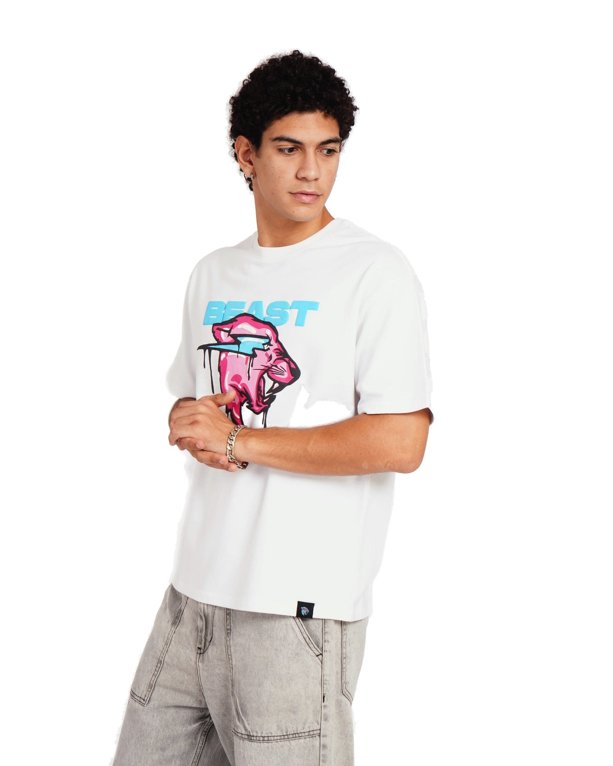 Official MrBeast Drip Panther T-shirt in white, side view