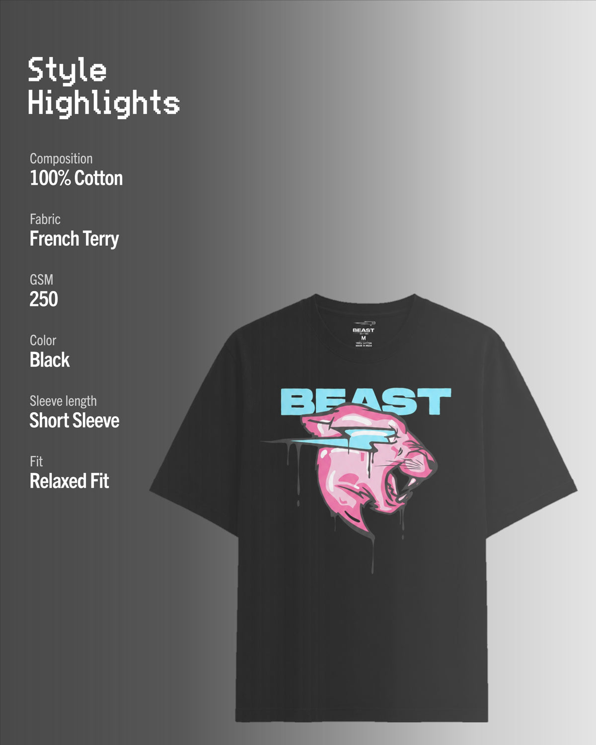Official MrBeast Drip Panther T-shirt in black, style highlights, 100% cotton French Terry, 250 GSM, relaxed fit