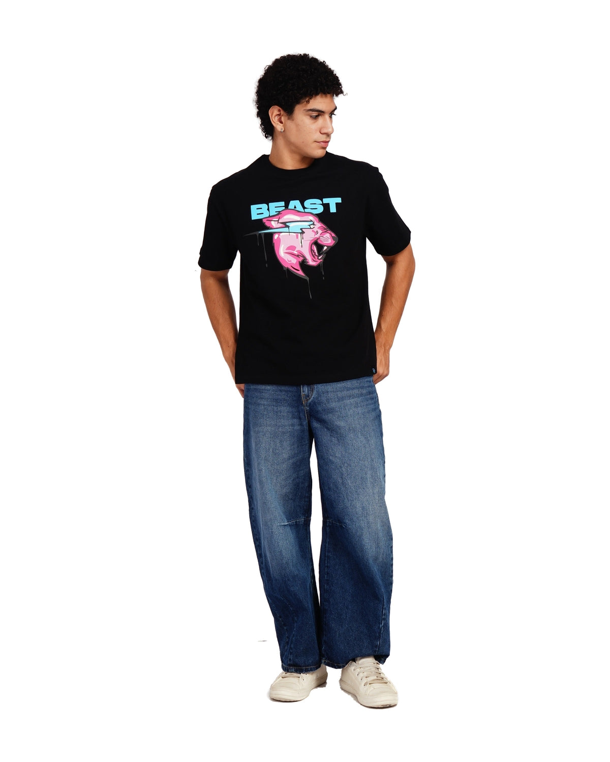 Official MrBeast Drip Panther T-shirt in black, full-length view