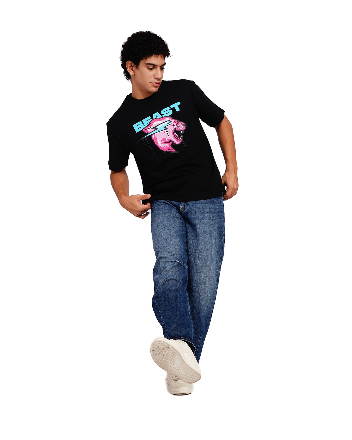 Official MrBeast Drip Panther T-shirt in black, full-length view 2