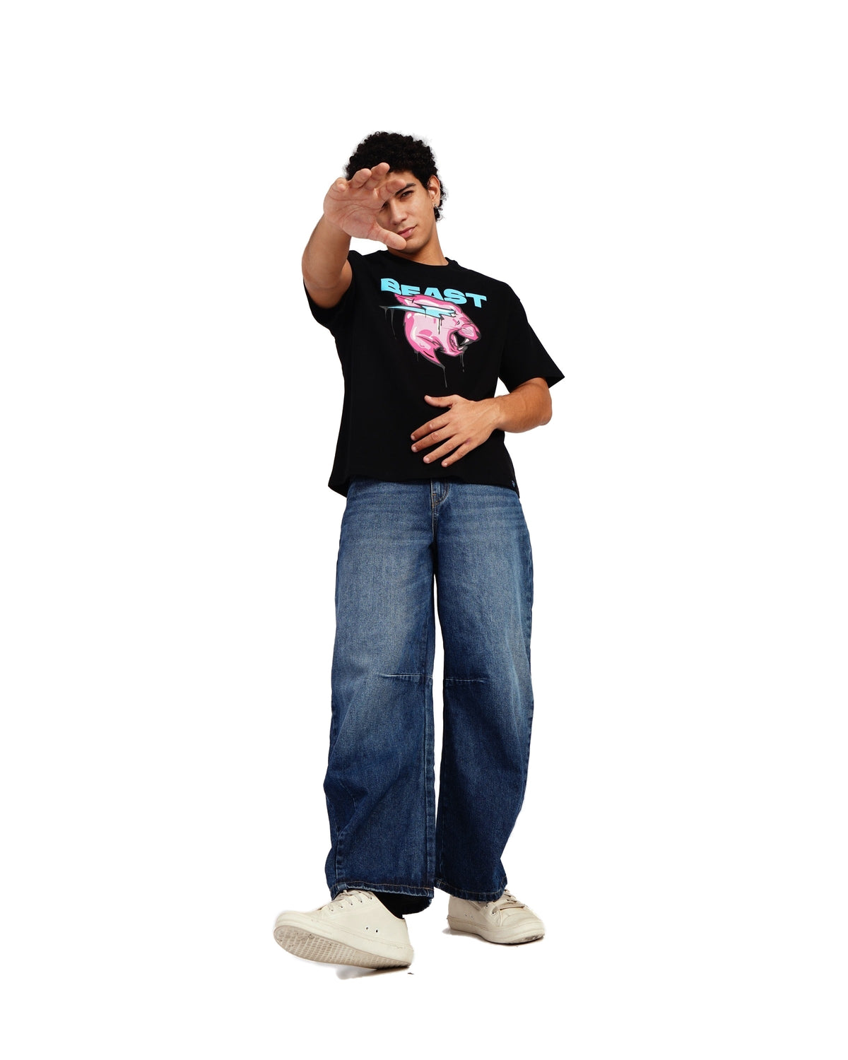 Official MrBeast Drip Panther T-shirt in black, full-length view 3