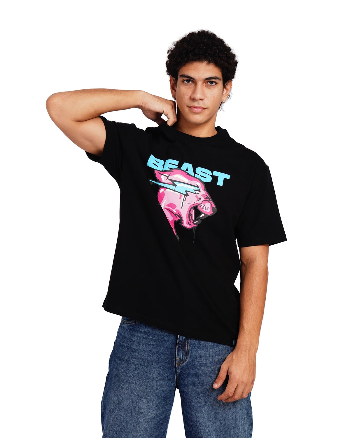 Official MrBeast Drip Panther T-shirt in black, styled pose