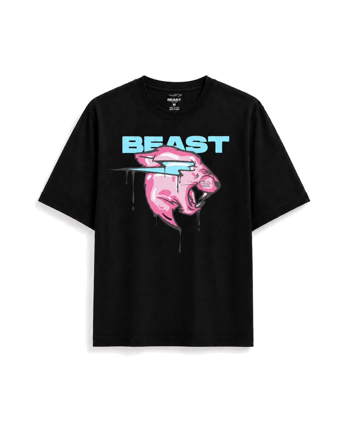 Official MrBeast Drip Panther T-shirt in black, flat lay, front