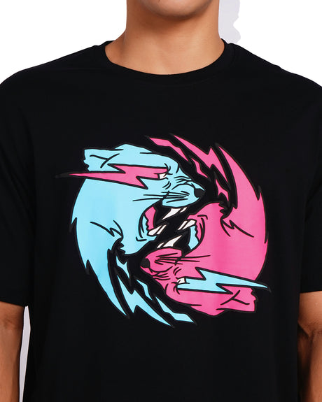 Official MrBeast Dual Panther T-shirt in black, close-up of the split cyan and pink Beast Panther graphic