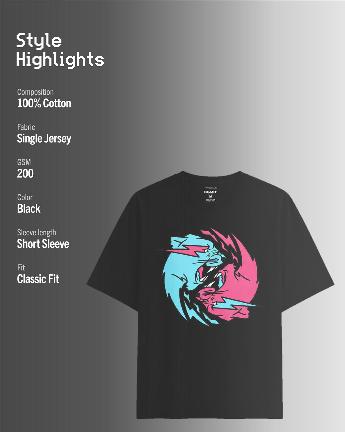 Official MrBeast Dual Panther T-shirt in black, style highlights, 100% cotton Single Jersey, 200 GSM, classic fit