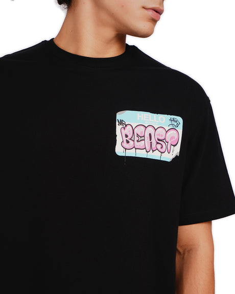 Official MrBeast Hello T-shirt in black, close-up of the Hello sticker and drip panther graphic