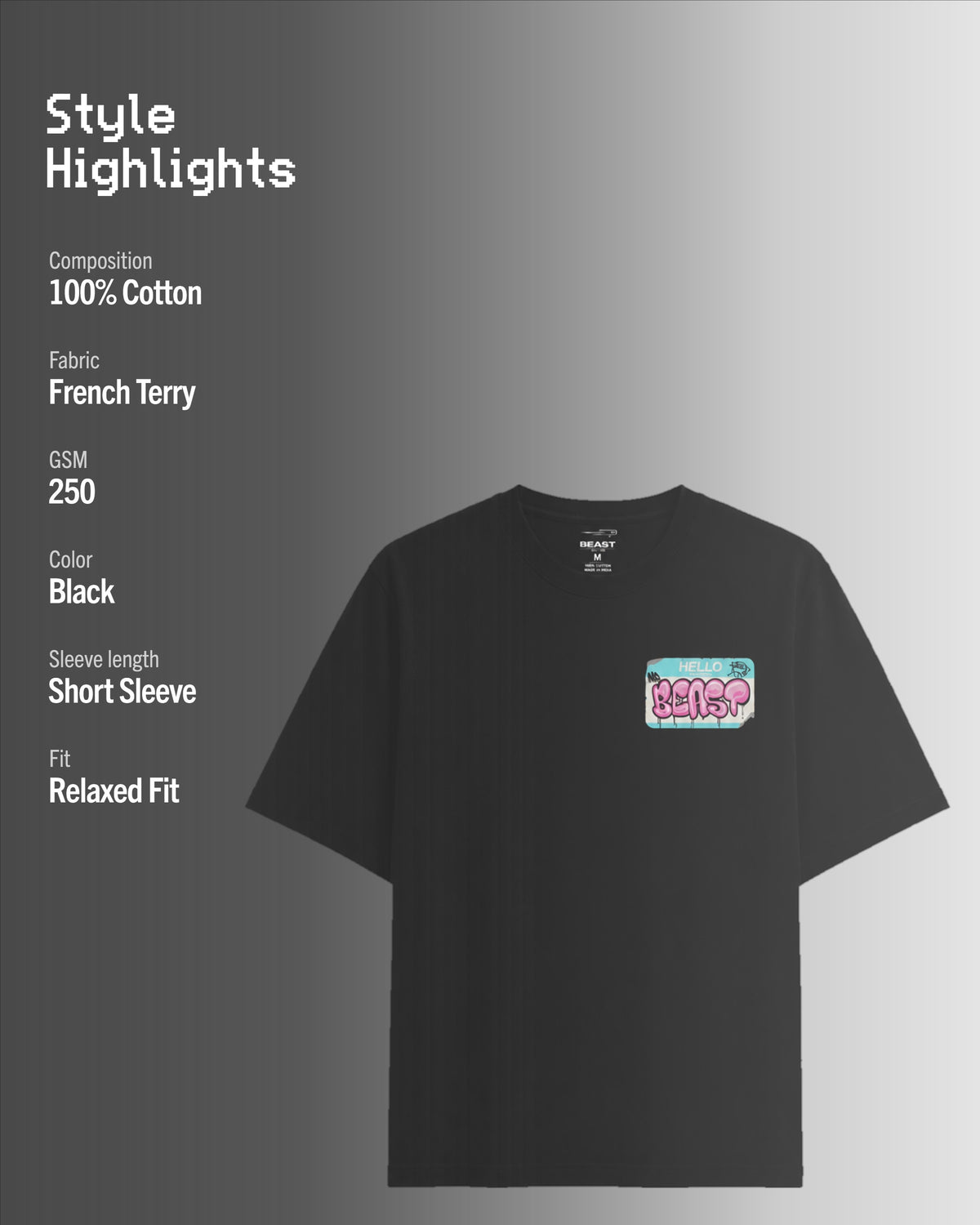 Official MrBeast Hello T-shirt in black, style highlights, 100% cotton French Terry, 250 GSM, relaxed fit