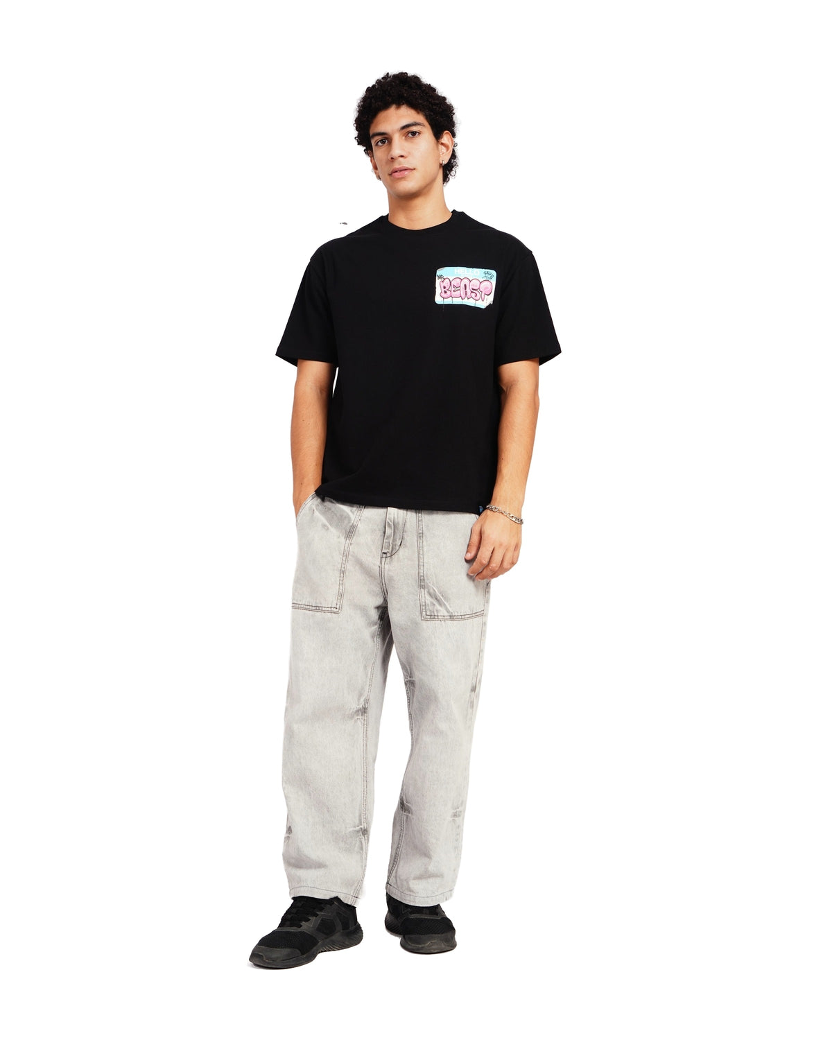 Official MrBeast Hello T-shirt in black, full-length view