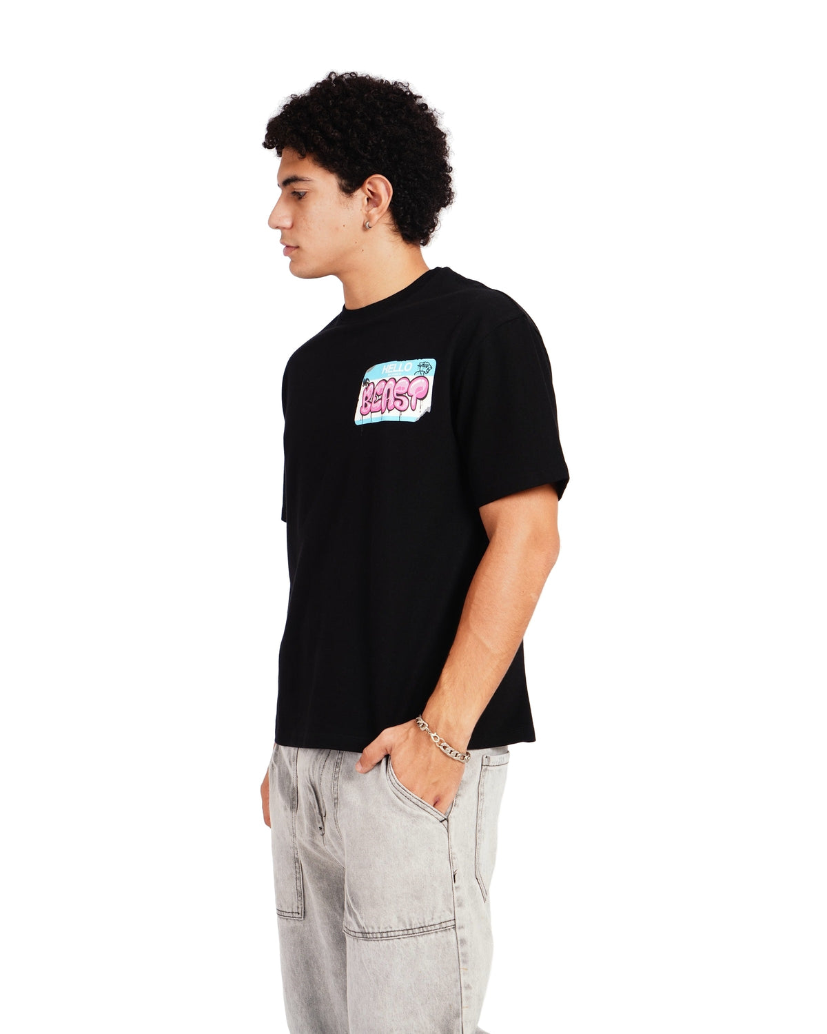 Official MrBeast Hello T-shirt in black, side view