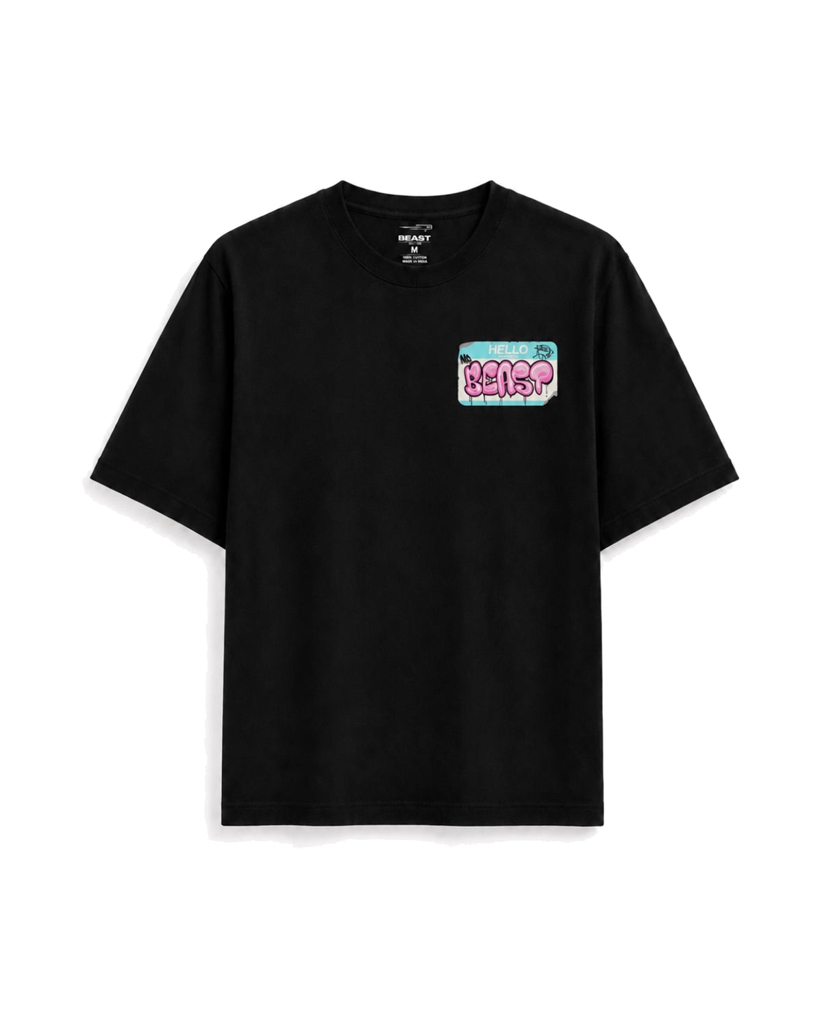 Official MrBeast Hello T-shirt in black, flat lay, front