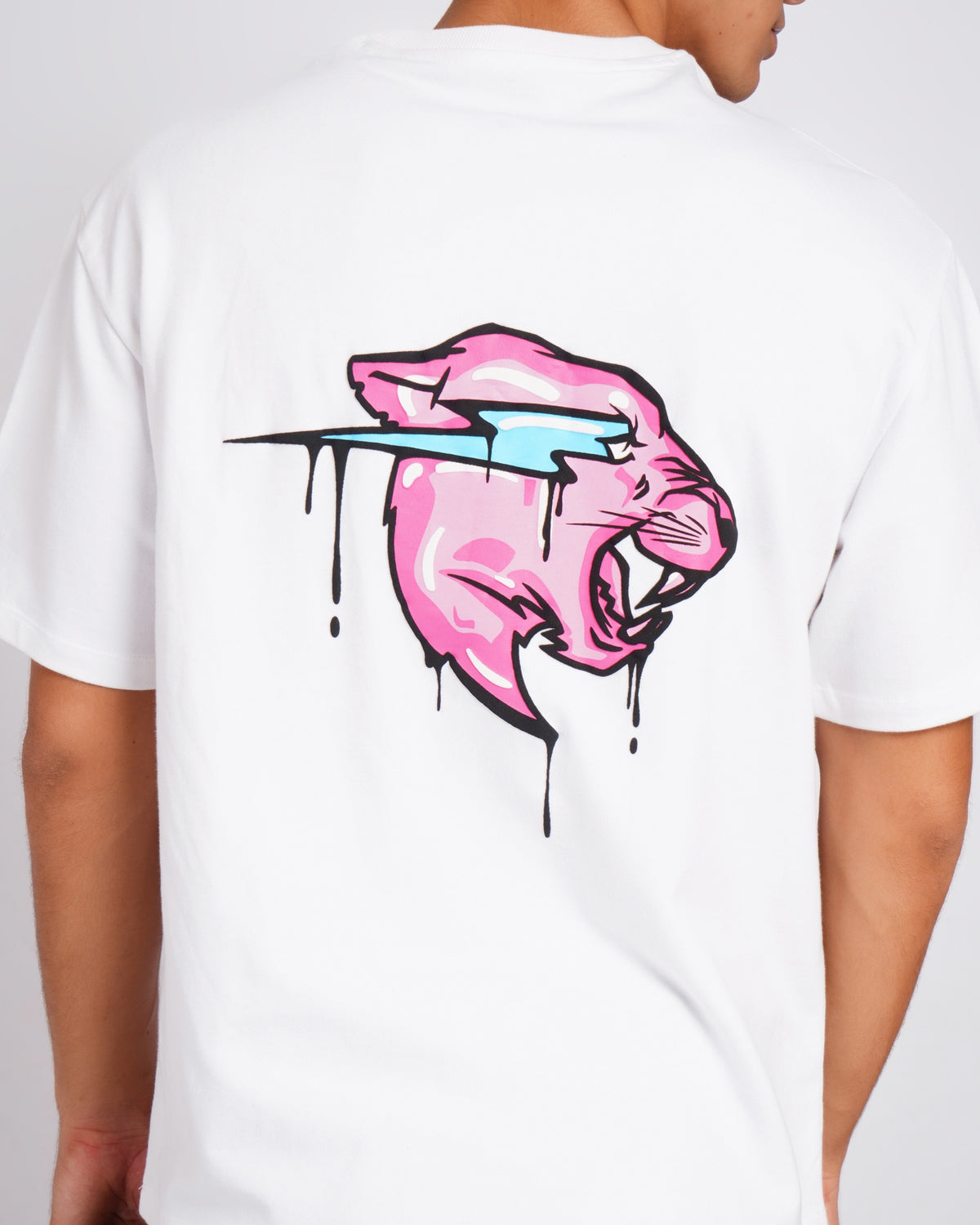 Official MrBeast Hello T-shirt in white, close-up of the Hello sticker and drip panther graphic