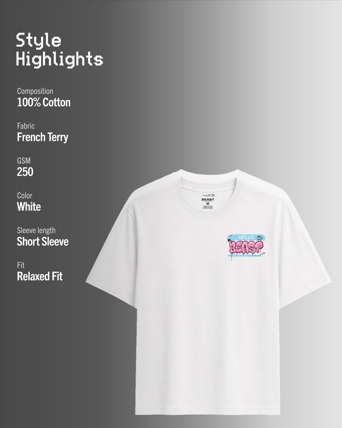 Official MrBeast Hello T-shirt in white, style highlights, 100% cotton French Terry, 250 GSM, relaxed fit