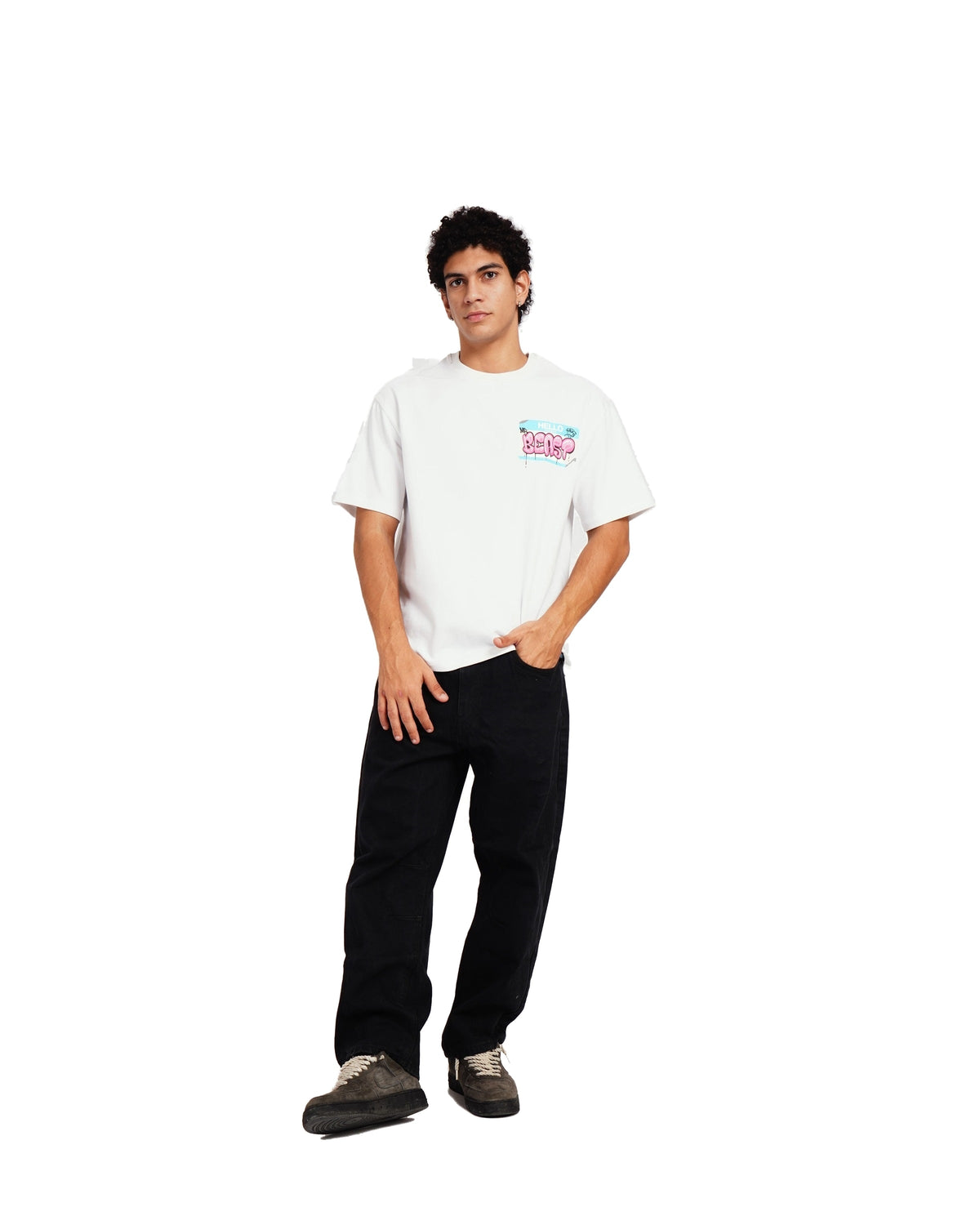 Official MrBeast Hello T-shirt in white, full-length view