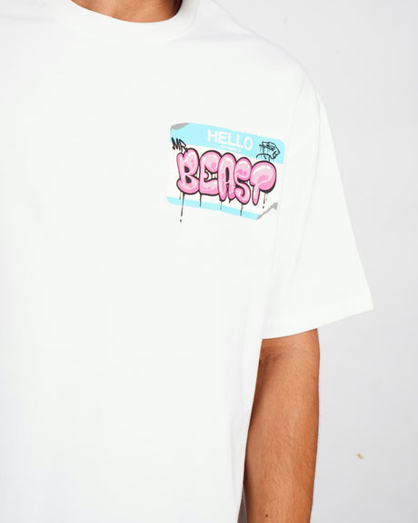 Official MrBeast Hello T-shirt in white, close-up of the print