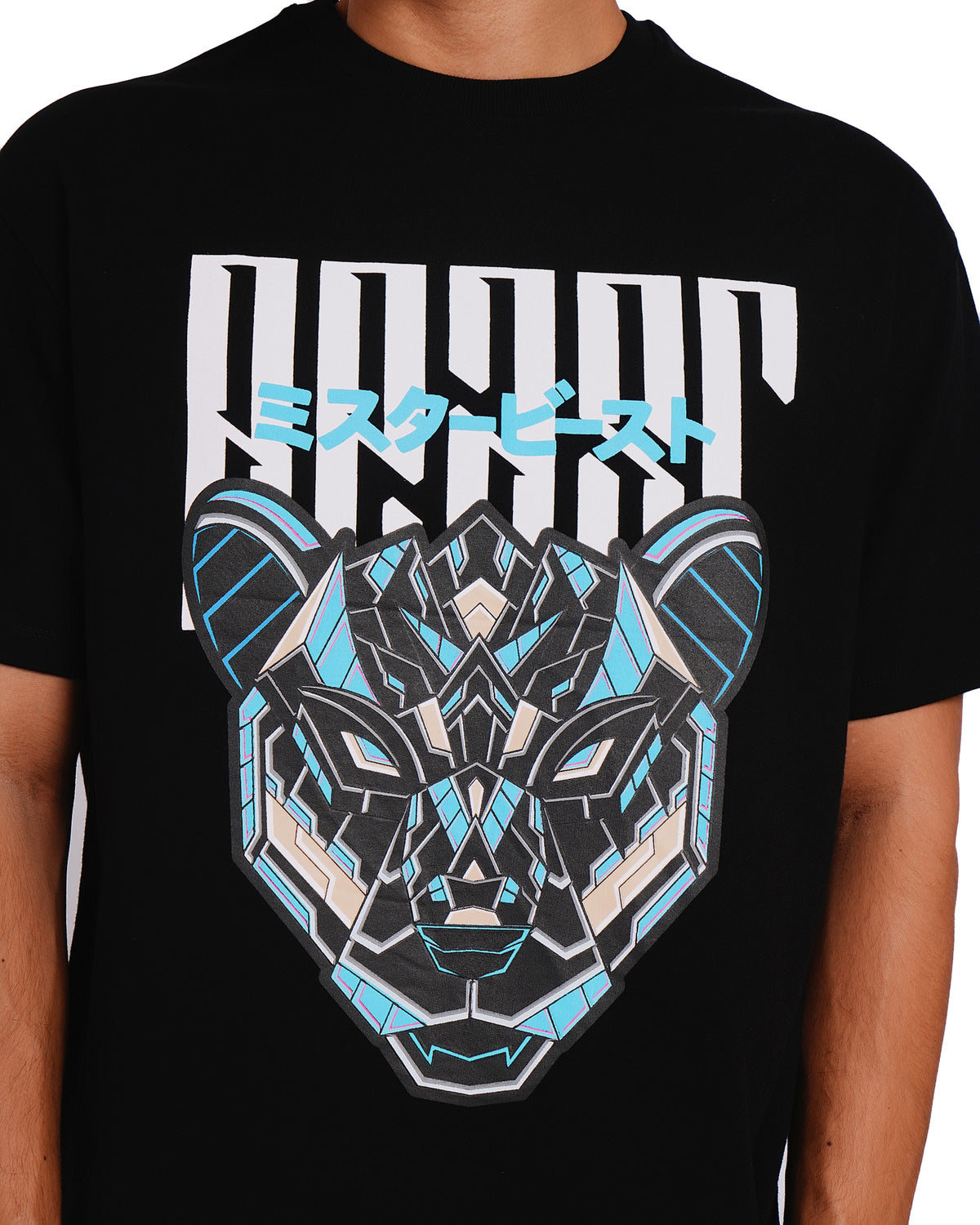 Official MrBeast Mecha T-shirt in black, close-up of the puff-print armoured Beast Panther graphic