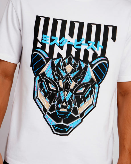 Official MrBeast Mecha T-shirt in white, close-up of the puff-print armoured Beast Panther graphic
