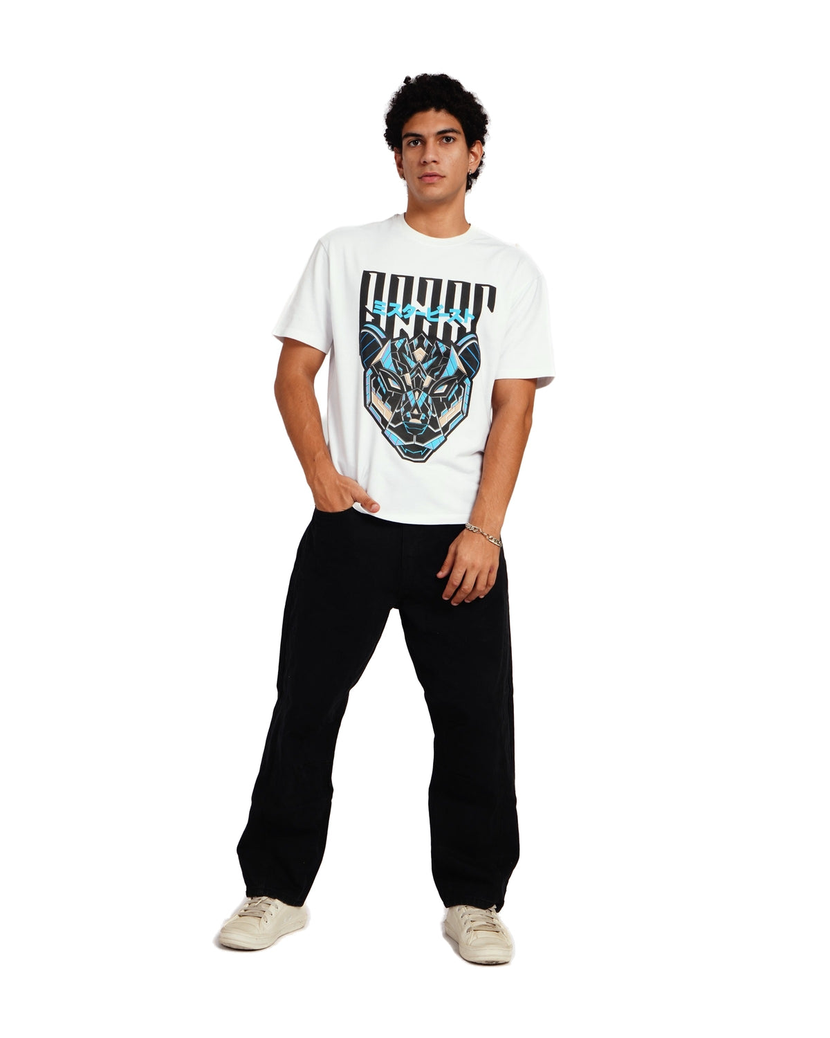 Official MrBeast Mecha T-shirt in white, full-length view