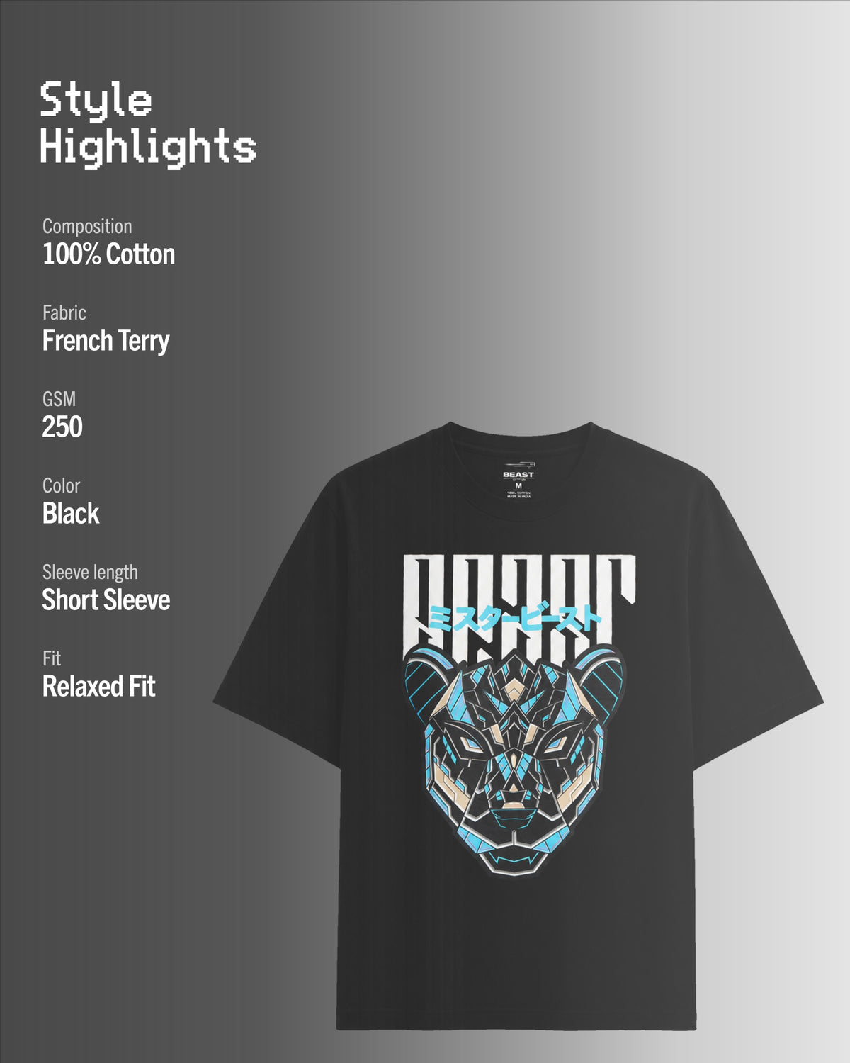 Official MrBeast Mecha T-shirt in black, style highlights, 100% cotton French Terry, 250 GSM, relaxed fit