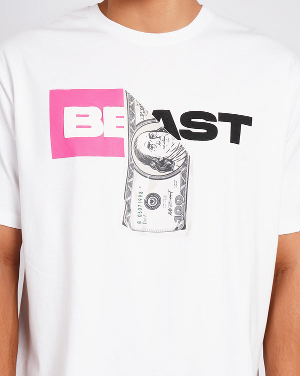 Official MrBeast Money T-shirt in white, close-up of the BEAST wordmark and crumpled $100 bill graphic