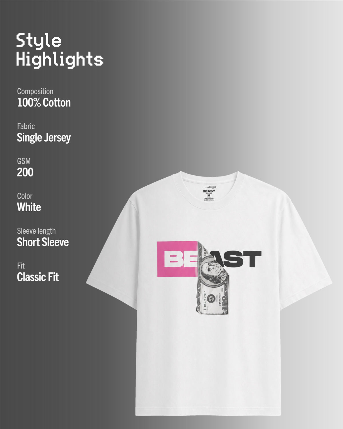 Official MrBeast Money T-shirt in white, style highlights, 100% cotton Single Jersey, 200 GSM, classic fit
