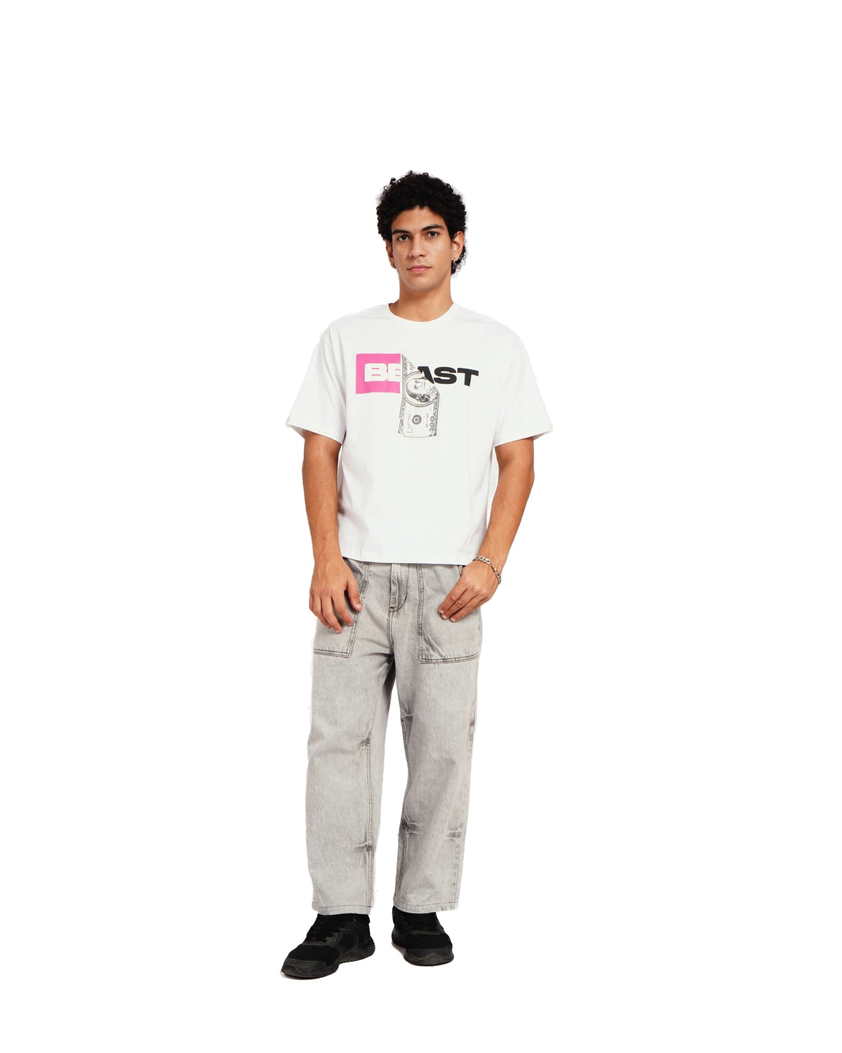 Official MrBeast Money T-shirt in white, full-length view