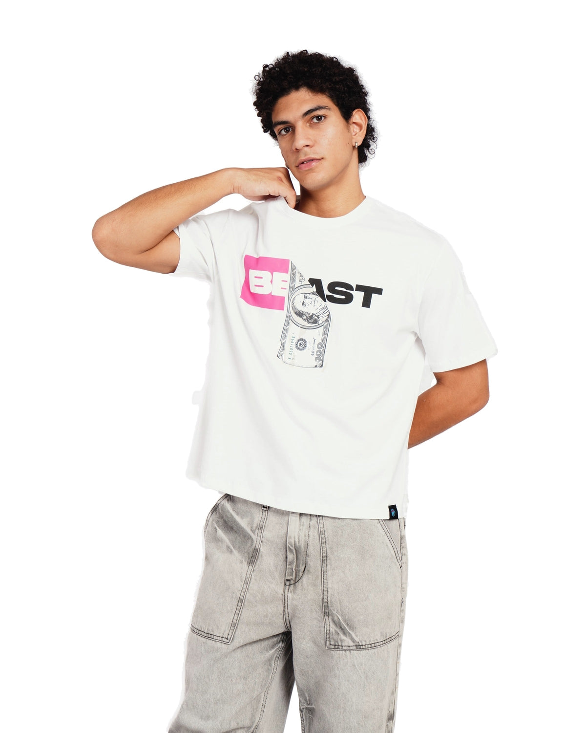 Official MrBeast Money T-shirt in white, side view