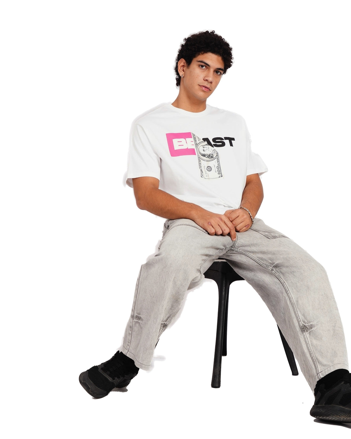 Official MrBeast Money T-shirt in white, styled pose